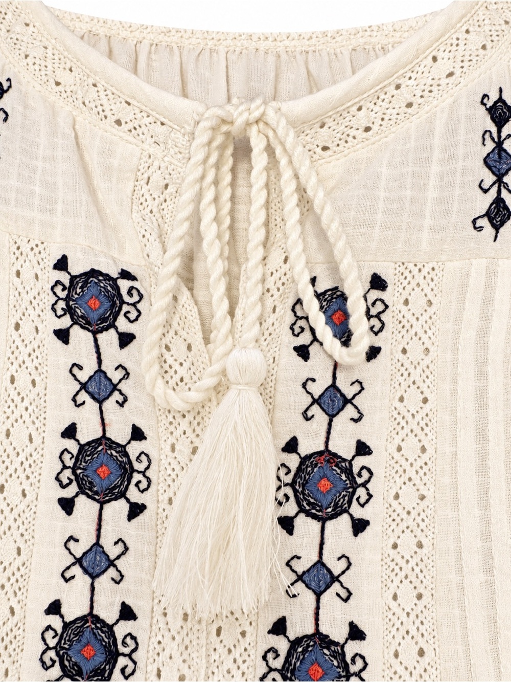 Lucky Brand Cream Embroidered Lace Tassel Boho Tunic Tank Top Small - Picture 5 of 8
